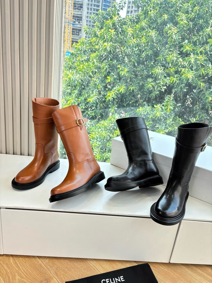 Celine Triomphe Knight Ankle Boots – 2025 Fall/Winter Collection in Black And Brown Leather Display