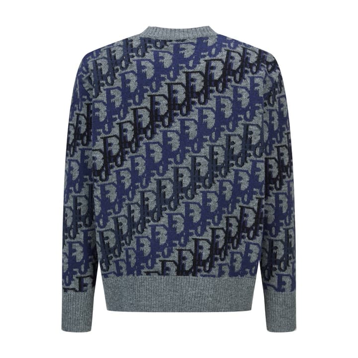 Dior Oblique Jacquard Wool Crewneck Sweater – 2026SS in Navy Oblique With Light Blue Trim