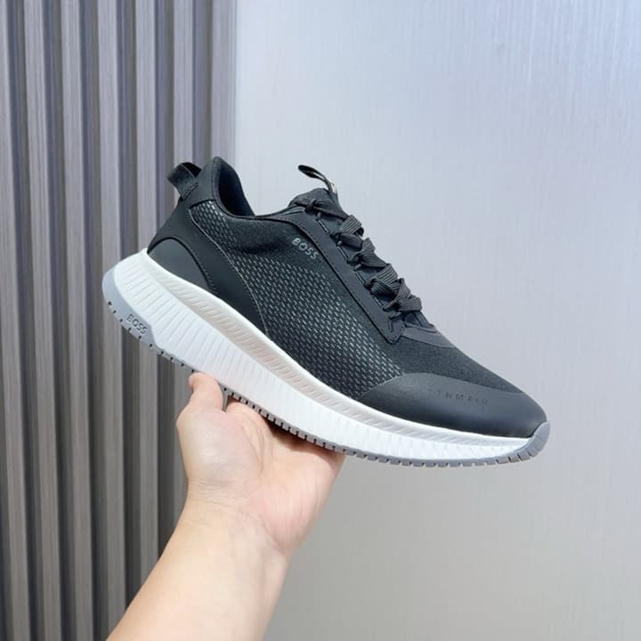 Boss Men's Layered Sport Sneakers in Black With White Sole