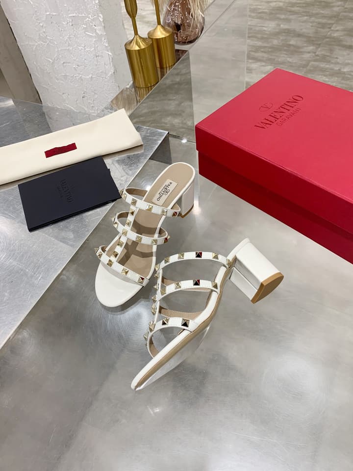 Valentino Rockstud Classic Block Heel Sandals in Nude With Gold Studs