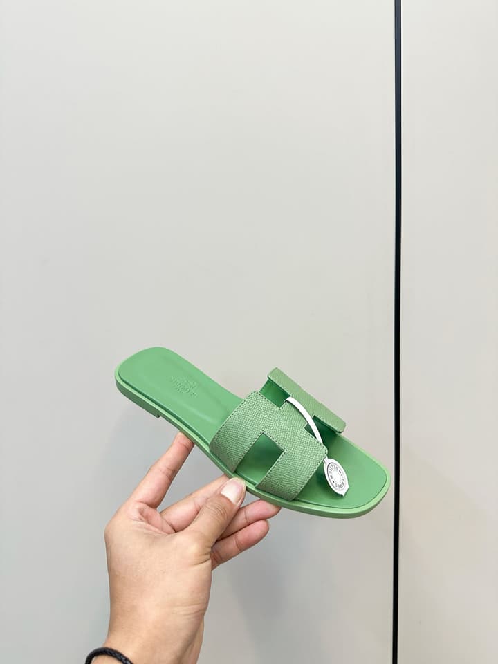 Hermès Palm Grain H-Slides in Bright Green