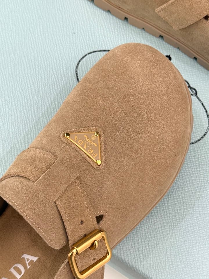 Prada Triangle Logo Birkenstock Slippers – Spring/Summer Collection in Black Suede
