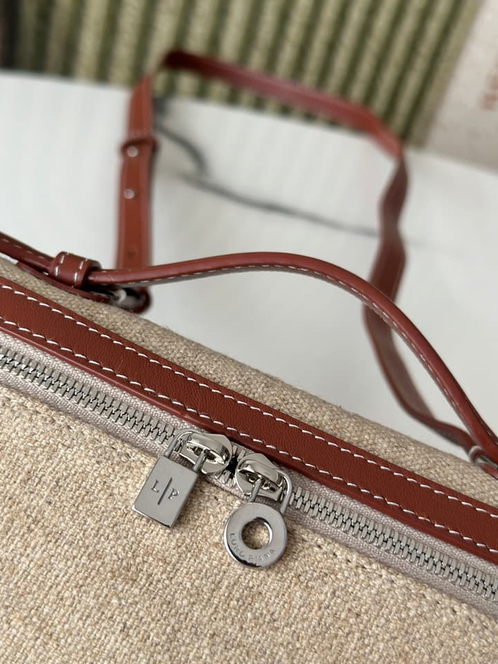 Loro Piana L19 Canvas Crossbody Bag – Spring/Summer Resort Collection in Beige Canvas With Burgundy Trim