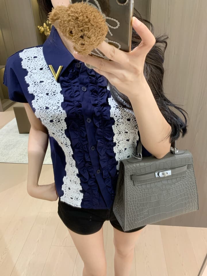 Valentino V-Logo Sleeveless Lace Blouse in Navy Blue