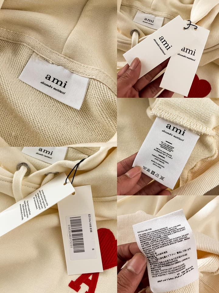 Ami Paris Ami De Coeur Heart Embroidery Hoodie in Beige