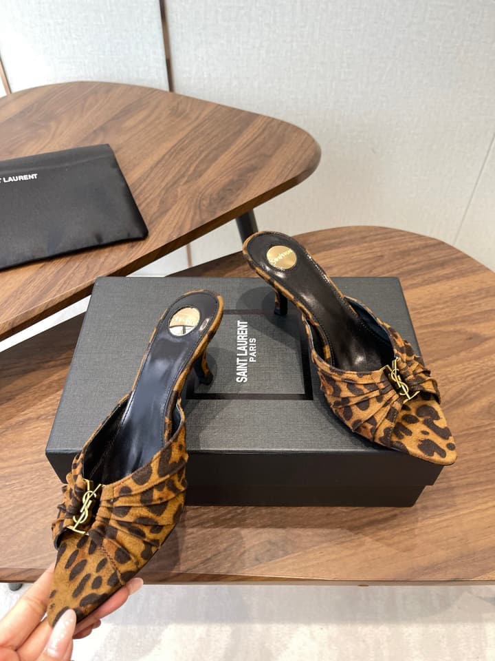 Saint Laurent Pointed Toe Stiletto Heeled Sandals – 26SS in Black - Gold Logo Plaque