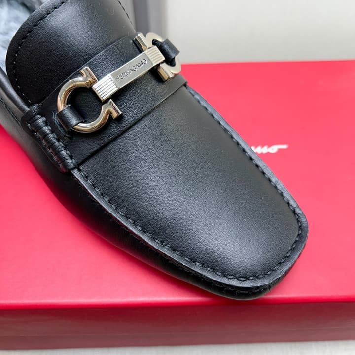 Ferragamo Imported Cowhide Fur-Lined Loafers in Black Patent Leather