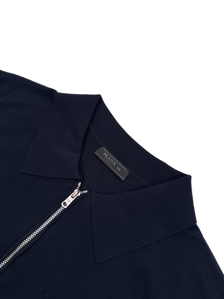 Prada Embroidered Zipper Long-Sleeve Polo Shirt