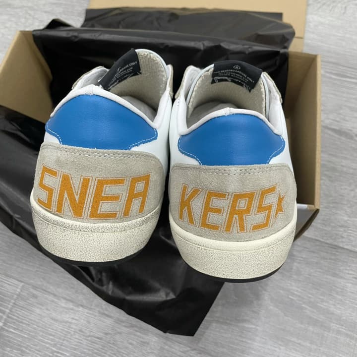 Golden Goose Ball Star Distressed Sneakers – 2023 Spring Collection in White Distressed With Blue Heel And Black Star
