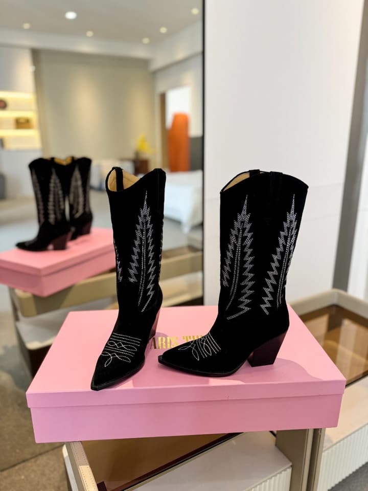 Paris Texas Embroidered Knee-High Boots in Black Suede