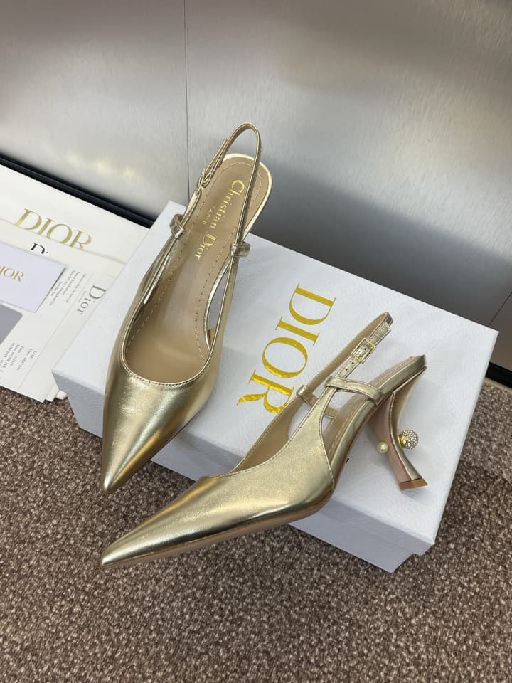 Dior Tribales Pearl Logo Heeled Mules – 2025 Spring/Summer Collection in Gold