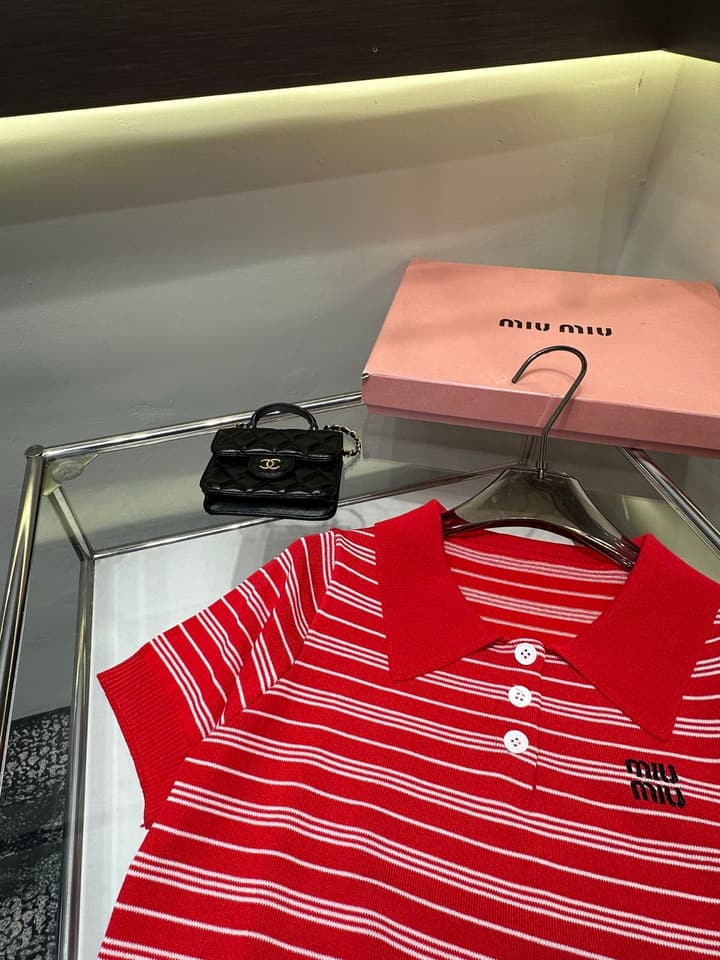 Miu Miu Embroidered Striped Knit Polo Shirt in Brown
