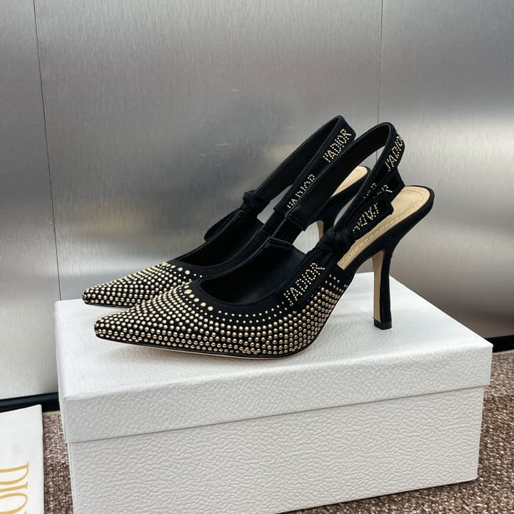Dior J'Adior Rivet Heeled Sandals – 2024SS in Black Glitter Toe Slingback