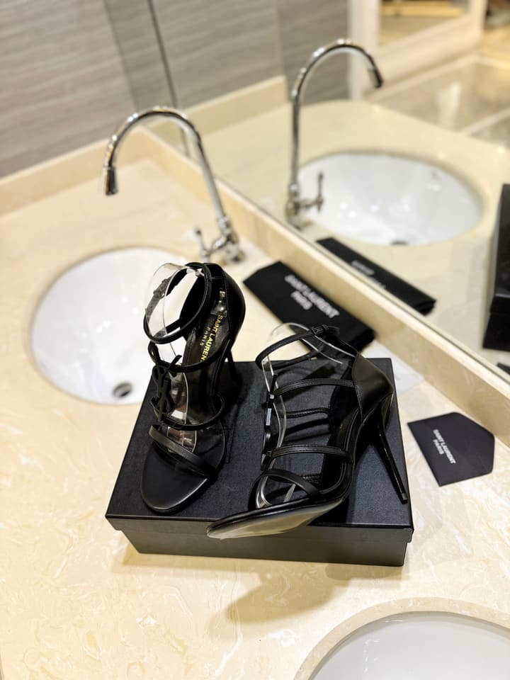 Saint Laurent YSL Logo Lacquer Heeled Sandals in Black Matte With Black Logo
