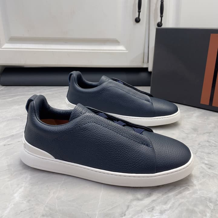 Zegna Triple Stitch Low-Top Sneakers in Navy Blue