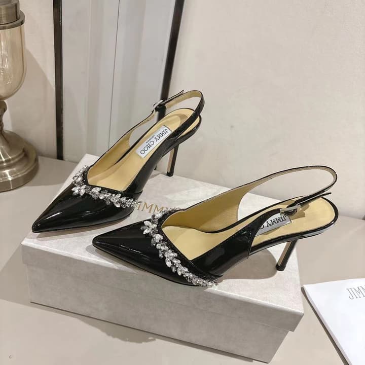 Jimmy Choo Pointed-Toe Crystal-Embellished Heeled Sandals – 2025 Summer in Black
