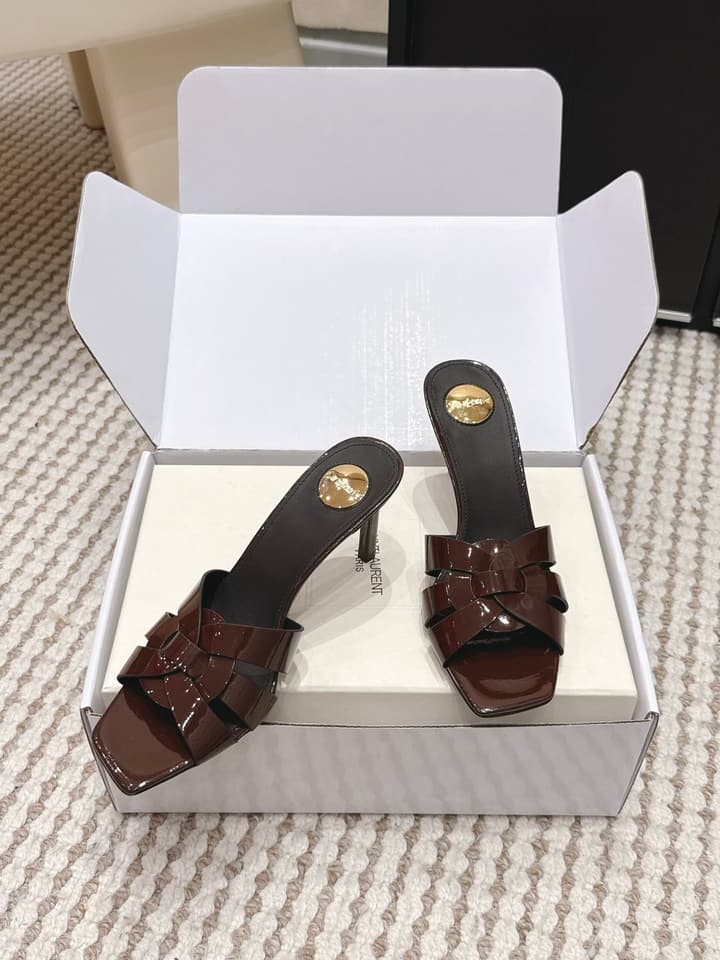 Saint Laurent Melody Square-Toe Heeled Sandals – 2026 Spring/Summer Collection in Beige Patent