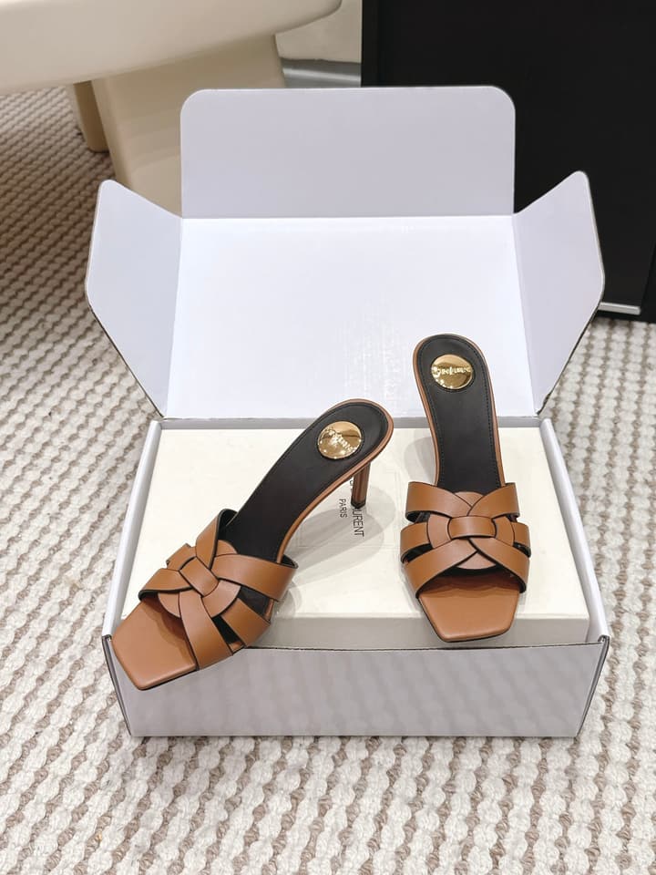 Saint Laurent Melody Square-Toe Heeled Sandals – 2026 Spring/Summer Collection in Beige Patent