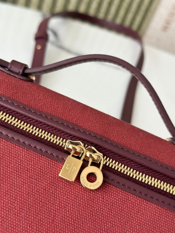 Loro Piana L19 Canvas Crossbody Bag – Spring/Summer Resort Collection in Beige Canvas With Burgundy Trim