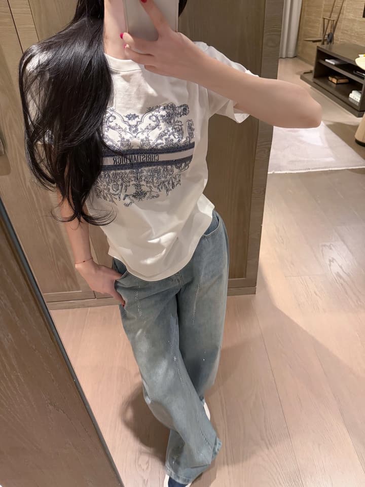 Dior Butterfly and Letter Print Rhinestone T-Shirt in White With Blue Print