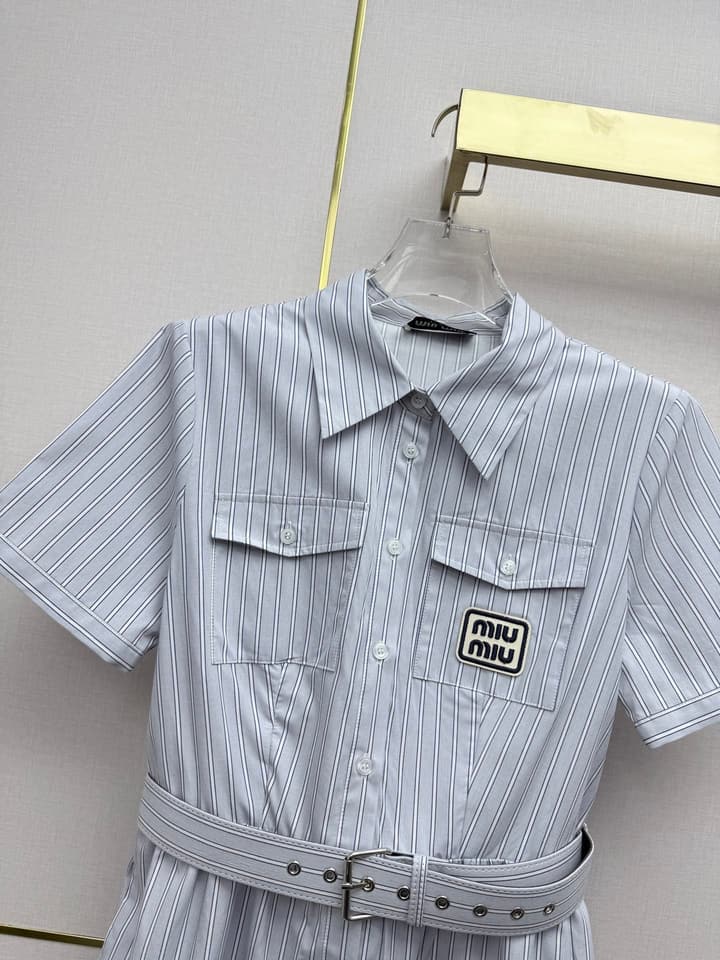 Miu Miu Striped Short-Sleeve Tiered Dress – Spring/Summer Collection in Light Blue