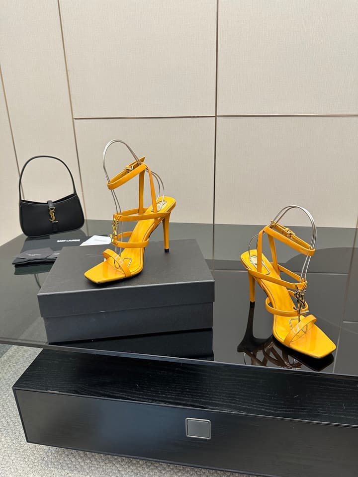 Saint Laurent Patent Leather Heeled Sandals in Bright Amber