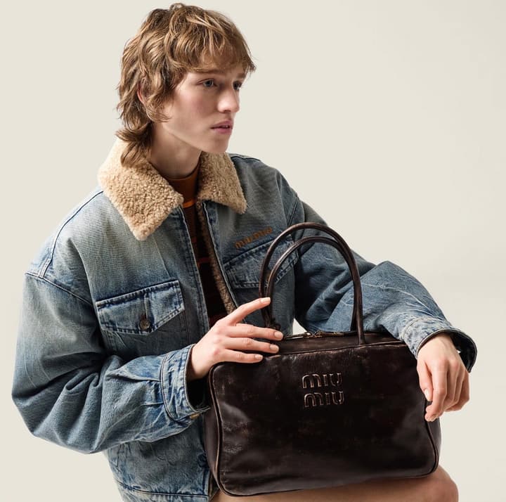 Miu Miu Washed Lambswool Embroidered Denim Jacket in Light Washed Denim With Tan Shearling
