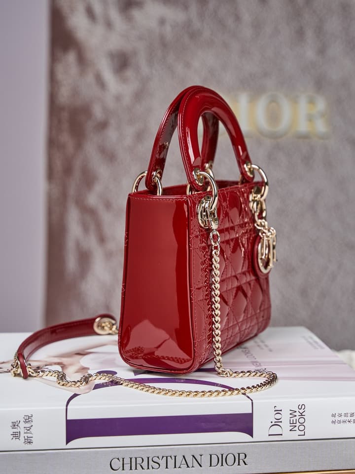 Dior Lady Dior Mini Patent Crossbody Bag in Cherry Red Patent
