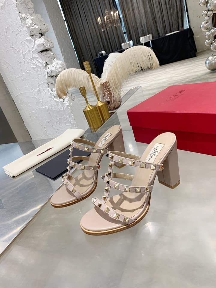 Valentino Studded Classic Block Heel Sandals in Beige