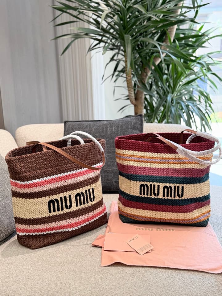 Miu Miu Knit Woven Large Tote Bag in Burgundy Multi-Color Striped