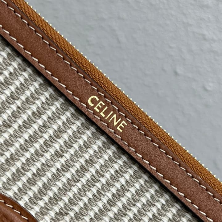 Celine Striped Woven Clutch Bag in Striped Canvas With Brown Logo