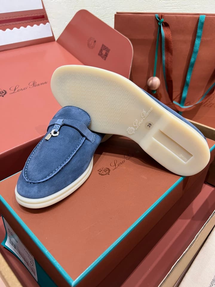 Loro Piana Classic Suede Backless Mules in Ash Blue Suede