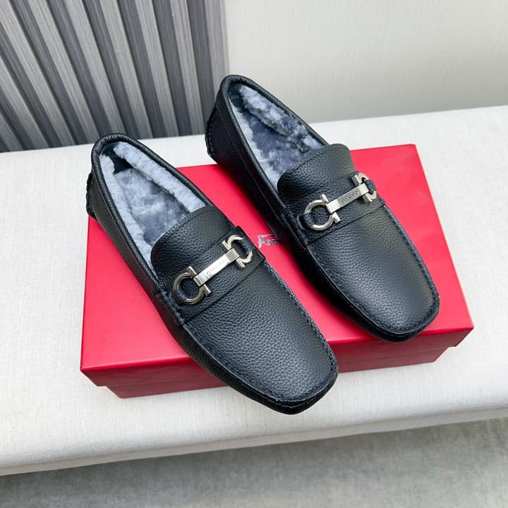 Ferragamo Imported Cowhide Fur-Lined Loafers in Black Patent Leather