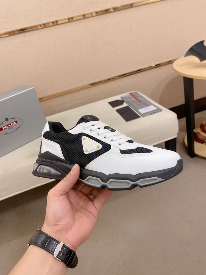 Prada Men's Leather Mesh Sneakers – New Collection in Light Grey With White Logo