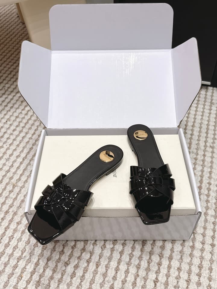 Saint Laurent Melody Square Toe Flat Sandals – 2026SS in Burgundy Patent