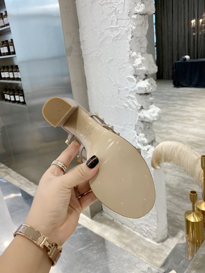 Valentino Studded Classic Block Heel Sandals in Beige
