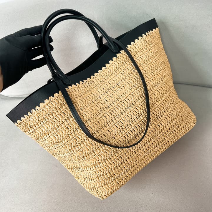 Prada Large Raffia and Leather Tote Bag 1BG499 – Summer Collection in Natural Raffia With Black Leather