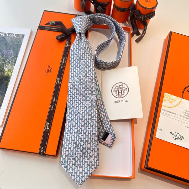 Hermès Men's Printed Silk Tie Series in Light Aqua Patterned