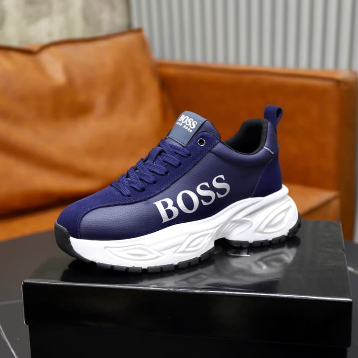 Boss Men's Luxury Running Sneakers in Black Mesh With White Sole