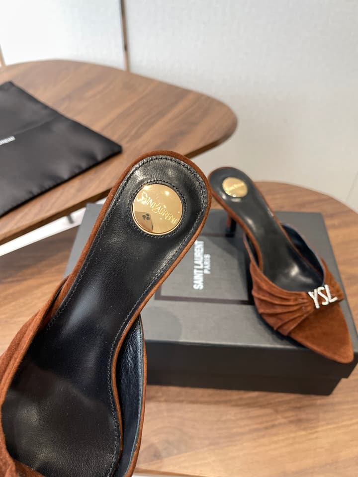 Saint Laurent Pointed Toe Stiletto Heeled Sandals – 26SS in Black - Gold Logo Plaque