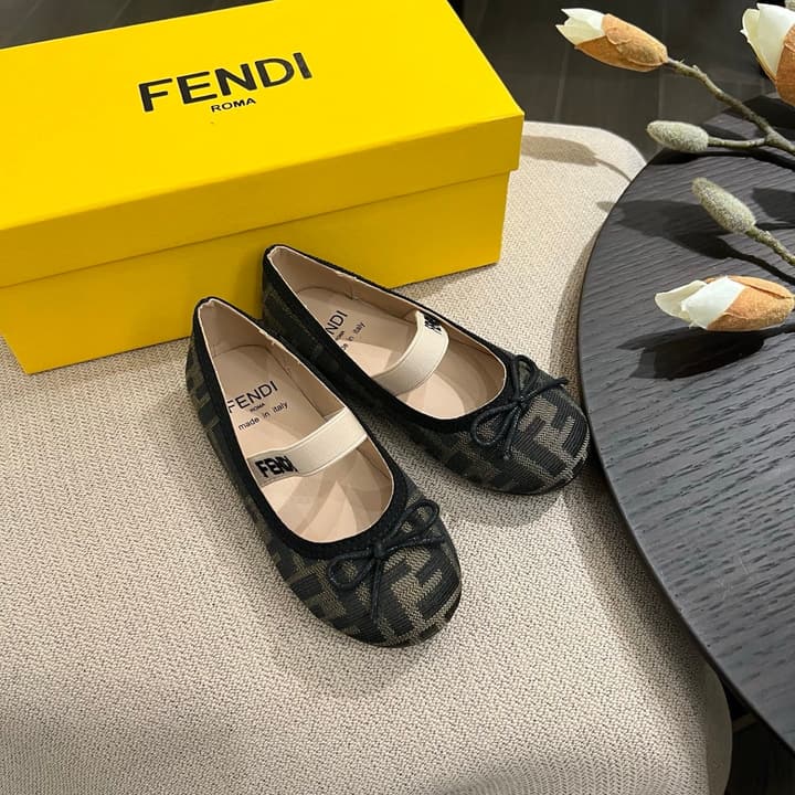 Fendi Girl's Double F Ballerina Flats – Kids Collection – 24SS in Black Monogram