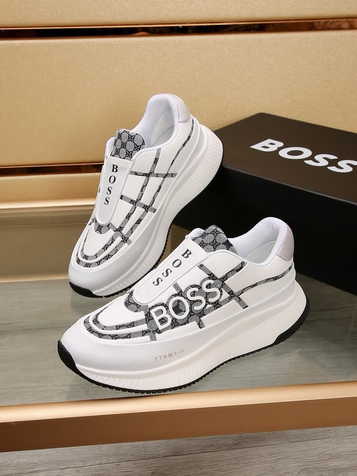 Boss New Men's Luxury Athletic Sneakers in Black With White Detail