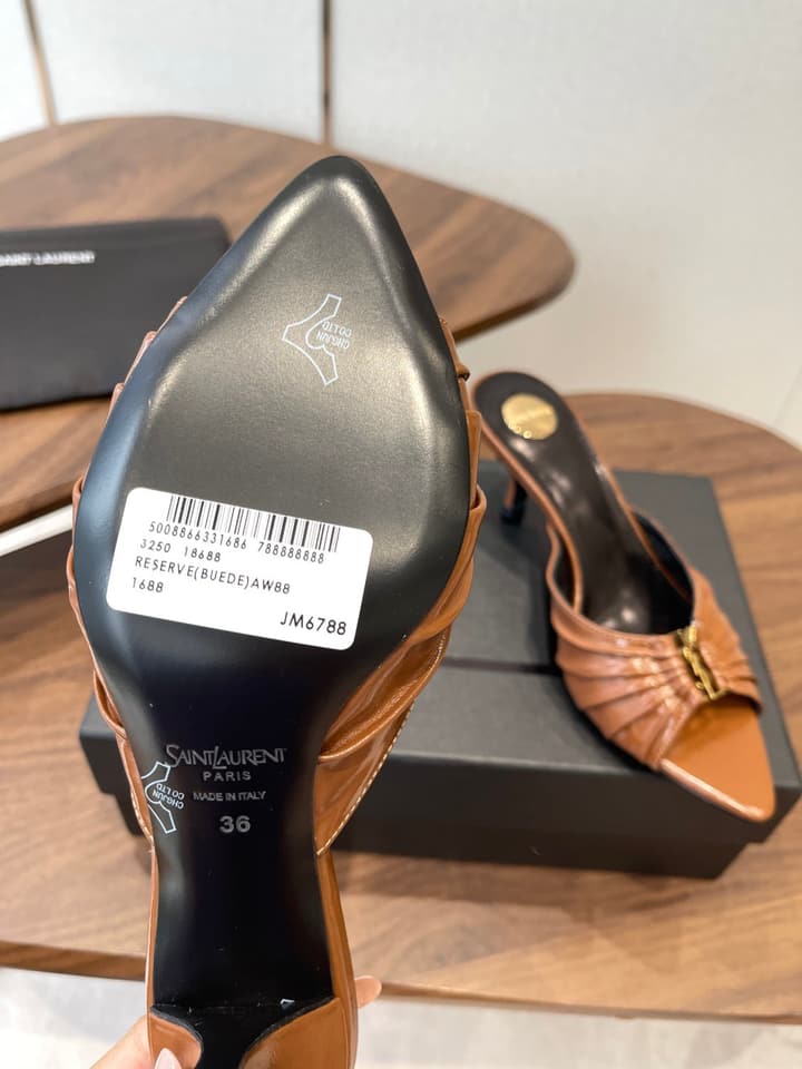 Saint Laurent Pointed Toe Stiletto Heeled Sandals – 26SS in Black - Gold Logo Plaque