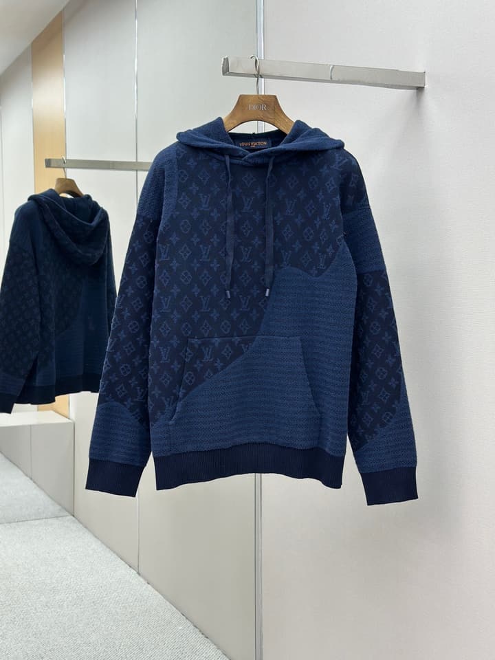 Louis Vuitton Monogram Jacquard Spliced Cashmere Hoodie in Dark Navy Monogram Jacquard