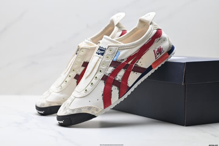 Onitsuka Tiger Mexico 66 Slip-On Casual Sneakers in Cream Black Stripes Graphic