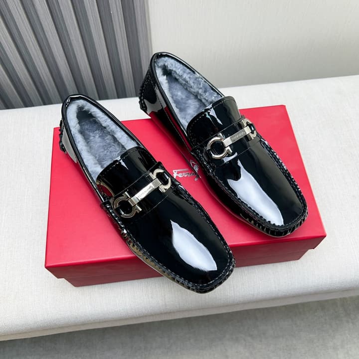 Ferragamo Imported Cowhide Fur-Lined Loafers in Black Patent Leather