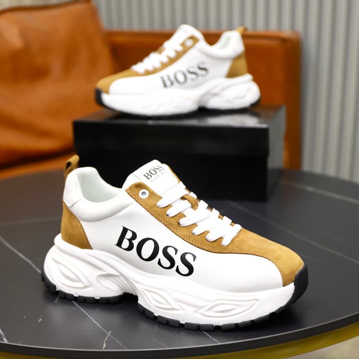 Boss Men's Luxury Running Sneakers in Black Mesh With White Sole