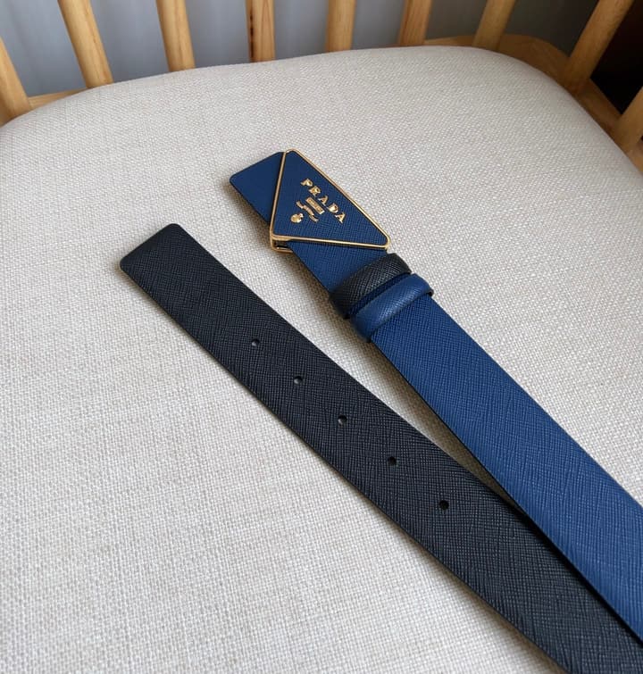 Prada Triangle Logo Buckle Belt in Black Textured Leather With Black Buckle