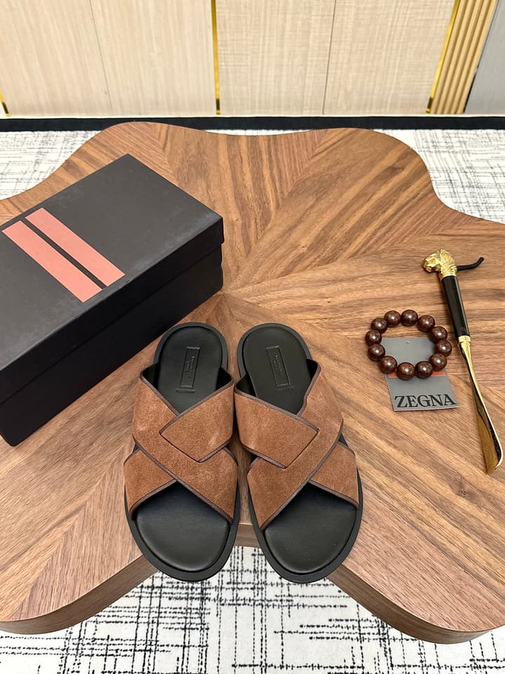 Zegna Men's Cross Strap Leather Slippers