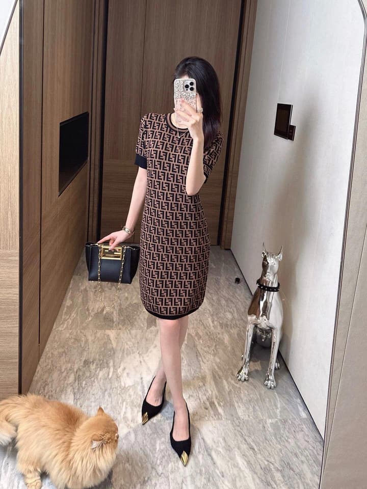 Fendi Double F Monogram Jacquard Knit Dress in Coffee Monogram Knit Dress